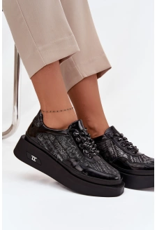 Skórzane Sznurowane Półbuty Damskie Na Platformie Artiker 57C2043 Czarno-Srebrne