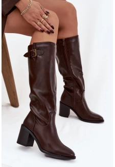 Kozaki Damskie Na Słupku Z Klamrą Czekoladowe Brenira