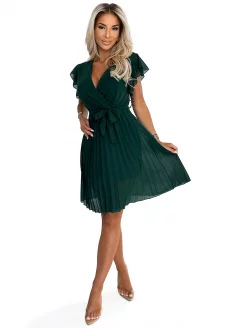 424-6 Chiffon pleated dress with neckline and ruffles - BOTTLE GREEN