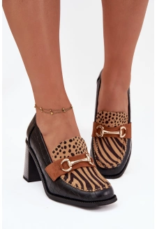 Półbuty Damskie Na Słupku Z Tłoczeniem I Złotym Detalem Czarno-Beżowe Novella