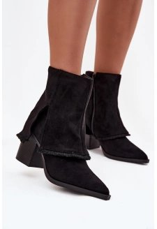 Botki Damskie Na Słupku Z Wywiniętą Cholewką Czarne Idalia