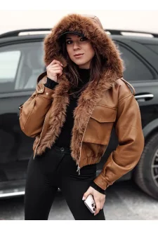 Women's leather jacket with fur SOFTREBEL brown Dstreet TY4761