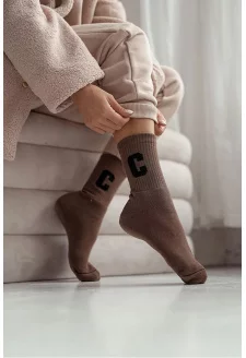 Women's Terry Socks With Letter C Brown
