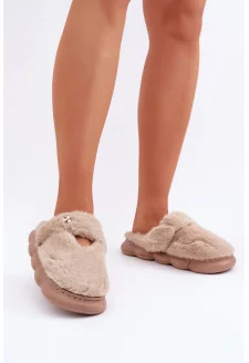 Futrzane Kapcie Z Małą Broszką Ciemnobeżowe Primaria