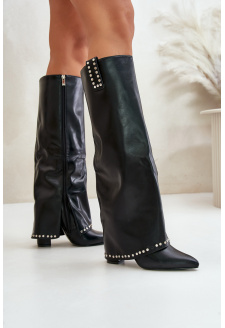 Women's Boots with Folded Upper on Column Heel Black Kaielia