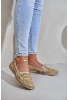 Eleganckie Skórzane Espadryle Z Plecionką Zazoo 10178 Beżowo-Złote