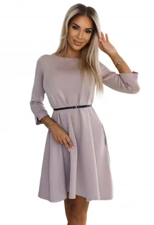 579-1 Classic trapeze dress with a black belt - BEIGE