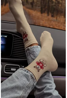 Skarpetki Damskie Miś w Sweterku Beżowe