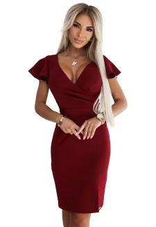 479-7 NINA elegant dress with a wrap neckline, sleeves, and belt - BURGUNDY