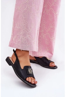 Eleganckie Sandały Damskie Na Płaskim Obcasie Z Ozdobą S.Barski KV51-082 Czarne