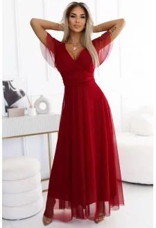 562-2 NASTIA Long dress with neckline and short sleeves - BURGUNDY