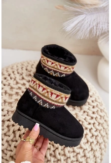 Slip-On Children's Snow Boots with Pattern Lined with Fur Black Mirirae