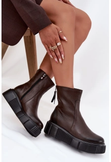 Zazoo 60369 Damskie Skórzane Botki Na Platformie Czekoladowe