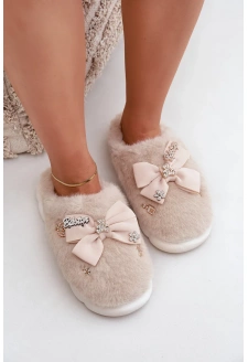 Furry Slippers With Bow And Brooches Beige Annalira