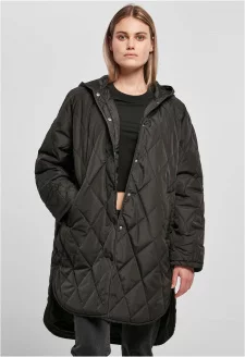 Ladies Oversized Diamond Quilted Hooded Coat black