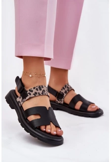 Skórzane Sandały Damskie Na Płaskim Obcasie Panterka Vinceza 66780 Czarne