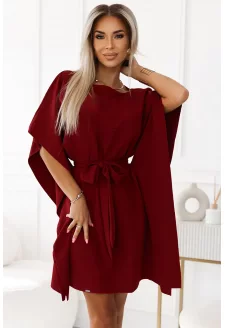 287-34 SOFIA Women's butterfly dress with waist tie - BURGUNDY