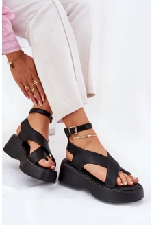 Sandały Damskie Na Platformie I Koturnie Eko Skórzane Czarne Tenzorus