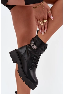 Botki Workery Damskie Z Ozdobnym Paskiem Ocieplane Eko Skórzane Czarne Selita