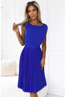 311-16 LILA Pleated dress with short sleeves and belt - CORNFLOWER BLUE