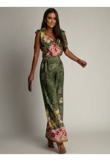 Patterned women's jumpsuit with wide legs in green