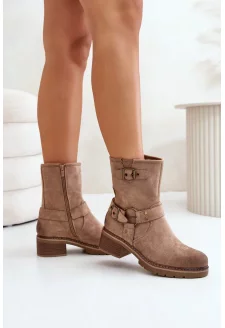 Women's Ankle Boots with Low Heel and Buckles in Dark Beige Zudra