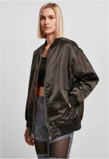 Ladies Oversized Satin Bomber Jacket black