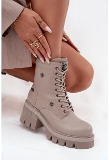 Skórzane Botki Workery Damskie Na Klocku Z Przypinkami Artiker 57C0181 Beżowe