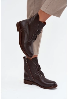Botki Damskie Z Naturalnej Skóry Na Płaskim Obcasie Zazoo 3842 Czekoladowe