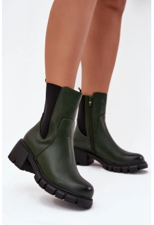 Botki Damskie Na Klocku Eko Skórzane Ciemnozielone Kyra