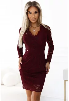 170-14 Lace dress with long sleeves and neckline - DARK BURGUNDY