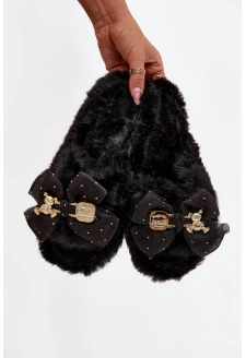 Futrzane Kapcie Damskie Z Kokardą I Złotą Ozdobą Czarne Nolara