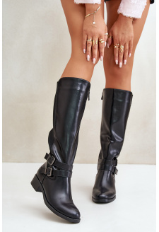 Women's Knee-High Flat Heel Boots with Buckles Black Lotina