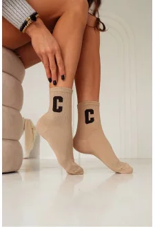 Cotton Women's Socks With Letter C Beige