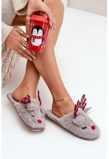 Christmas Slippers with Reindeer Motif Dark Beige Sylaia