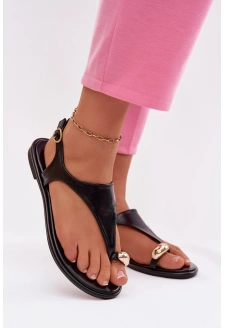 Sandały Damskie Na Płaskim Obcasie Ze Złotym Detalem Czarne Talorina