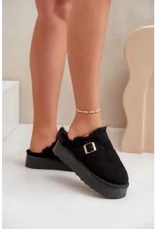 Women's Slippers With Thick Sole, Fur, and Buckle Black Linneola