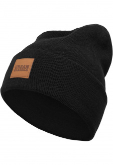 Synthetic Leatherpatch Long Beanie black