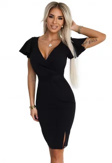 479-9 NINA elegant dress with a wrap neckline, sleeves, and belt - BLACK