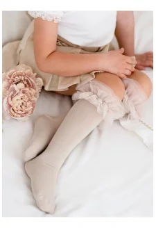 Cotton Children's Knee Socks With Tulle Beige