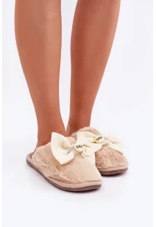 Kapcie Damskie Z Futerkiem I Kokardą Beżowe Olfedi