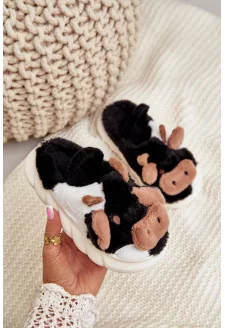 Children's Furry Slippers With Cow Motif Black Tamorrin