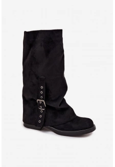 Kozaki Damskie Z Marszczoną Cholewką I Klamrą Czarne Ophelis