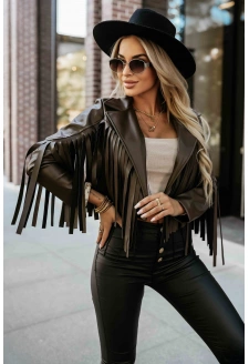 624-4 Krótka kurtka z frędzlami z miękkiej eco skóry - czekoladowa