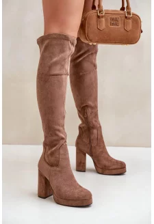 High-heeled and platform knee-high boots, made of eco suede, dark beige Zistaria