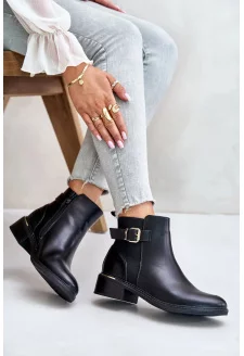 Ankle boots for women with low heels, insulated with a gold buckle, black Inomira