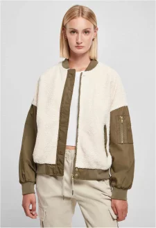 Ladies Oversized Sherpa Mixed Bomber Jacket whitesand/darkolive