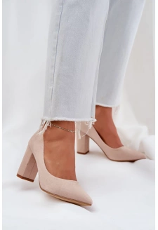 Czółenka Damskie Na Słupku Eko Zamszowe Beżowe Florena