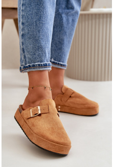 Women's Platform Mules with Gold Buckle Camel Terilaina