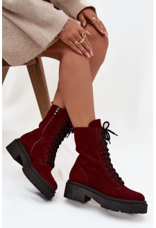 Botki Workery Damskie Z Naturalnego Zamsz Ocieplane Zazoo 4213 Bordowe